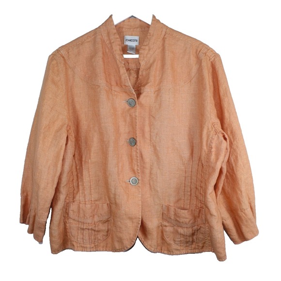Chico's Tops - Chico's Jacket Womens Size 3 Orange Linen Button Shacket Lagenlook  Art to Wear